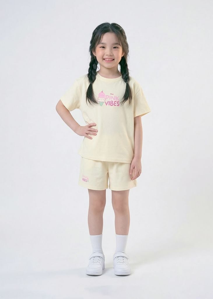 Bộ Thun Ngắn Tay Bé Gái Form Rộng Kem Ice Cream