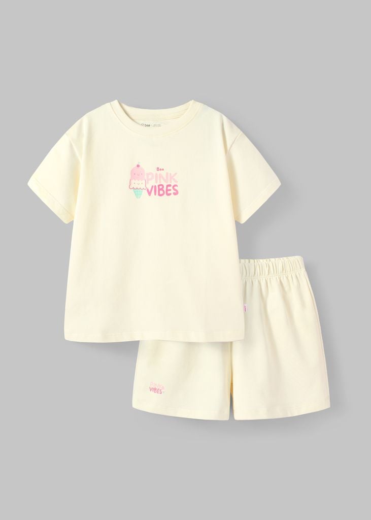 Bộ Thun Ngắn Tay Bé Gái Form Rộng Kem Ice Cream