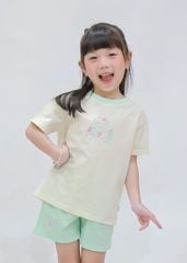 Bộ Thun Ngắn Tay Bé Gái Form Rộng Kem Sweet Cats Phối Xanh