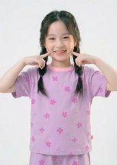 Bộ Thun Ngắn Tay Bé Gái Form Rộng Tím Hoạ Tiết Hoa
