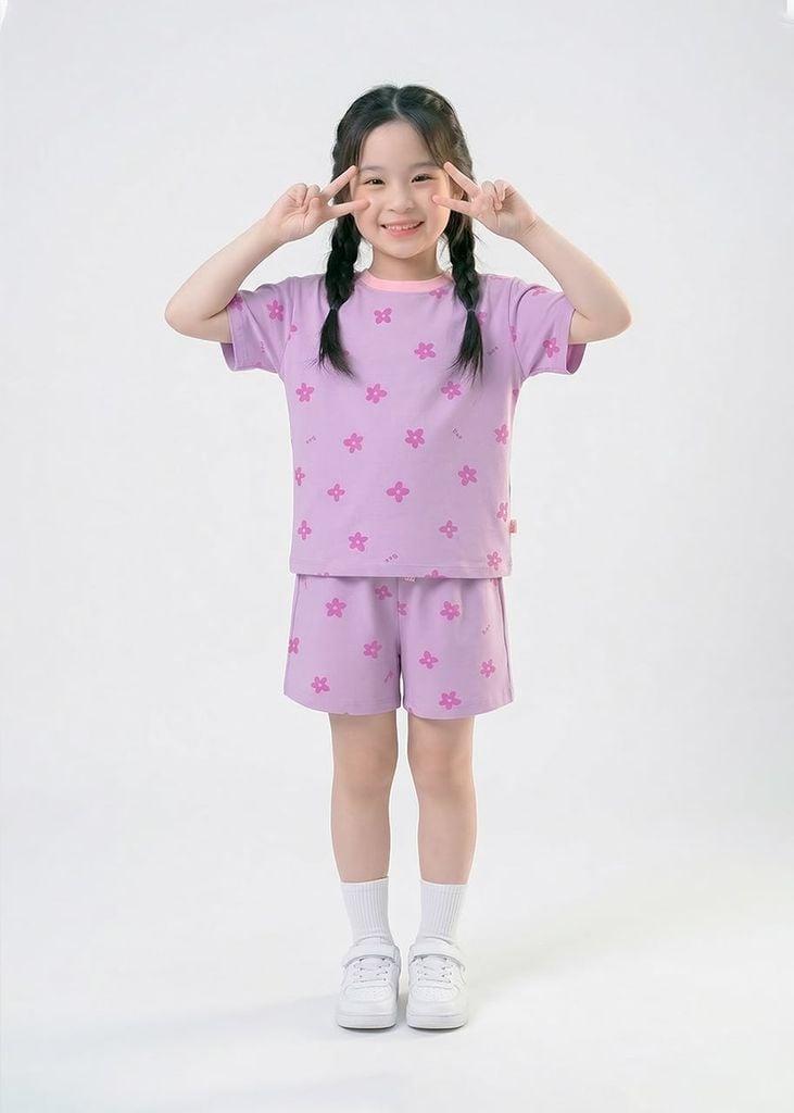 Bộ Thun Ngắn Tay Bé Gái Form Rộng Tím Hoạ Tiết Hoa