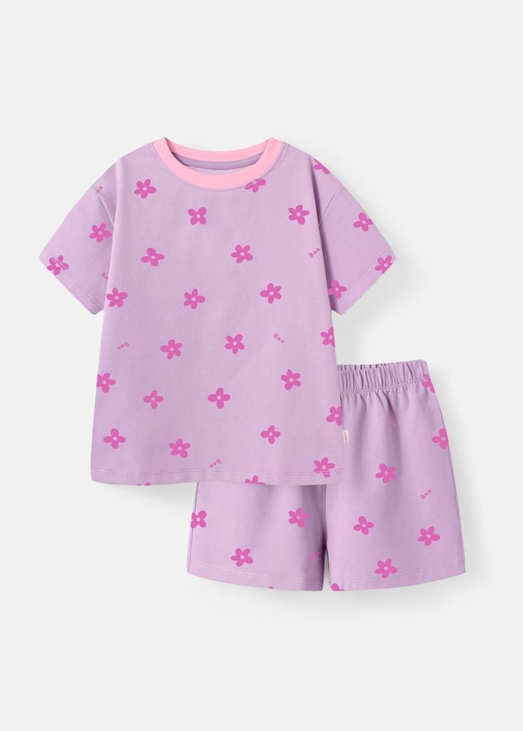 Bộ Thun Ngắn Tay Bé Gái Form Rộng Tím Hoạ Tiết Hoa