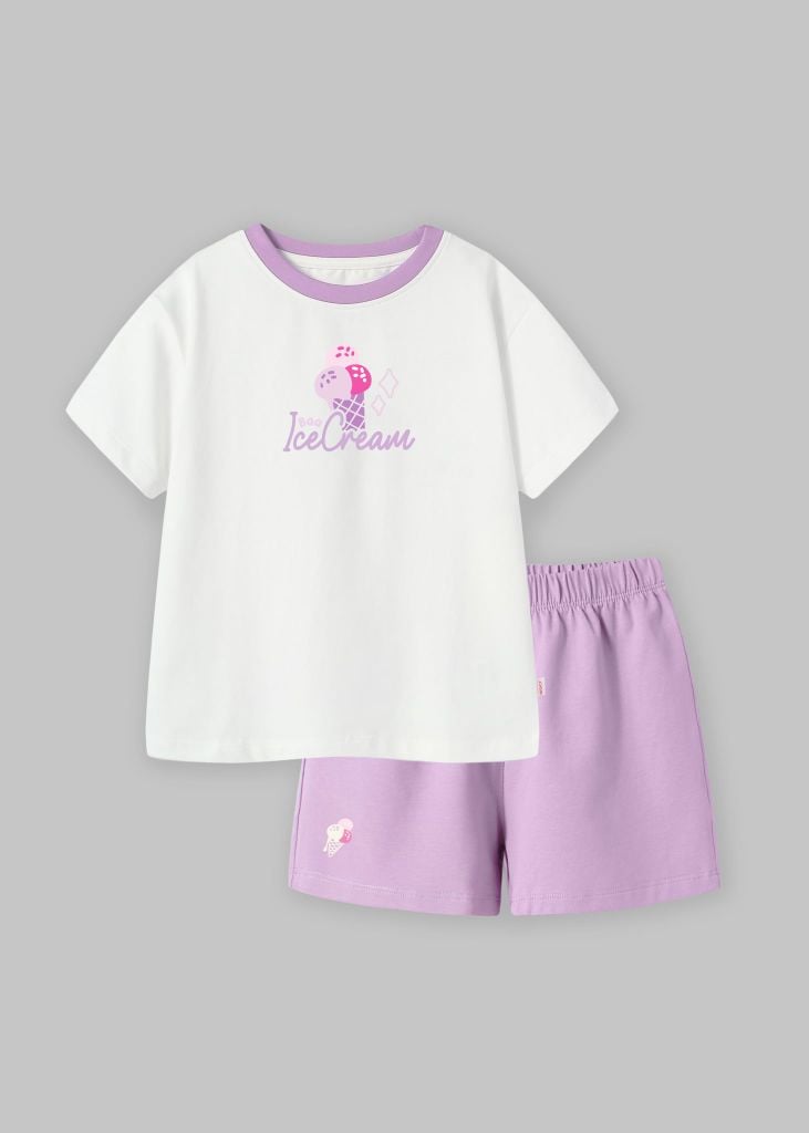 Bộ Thun Ngắn Tay Bé Gái Form Rộng Trắng Ice-Cream Phối Tím