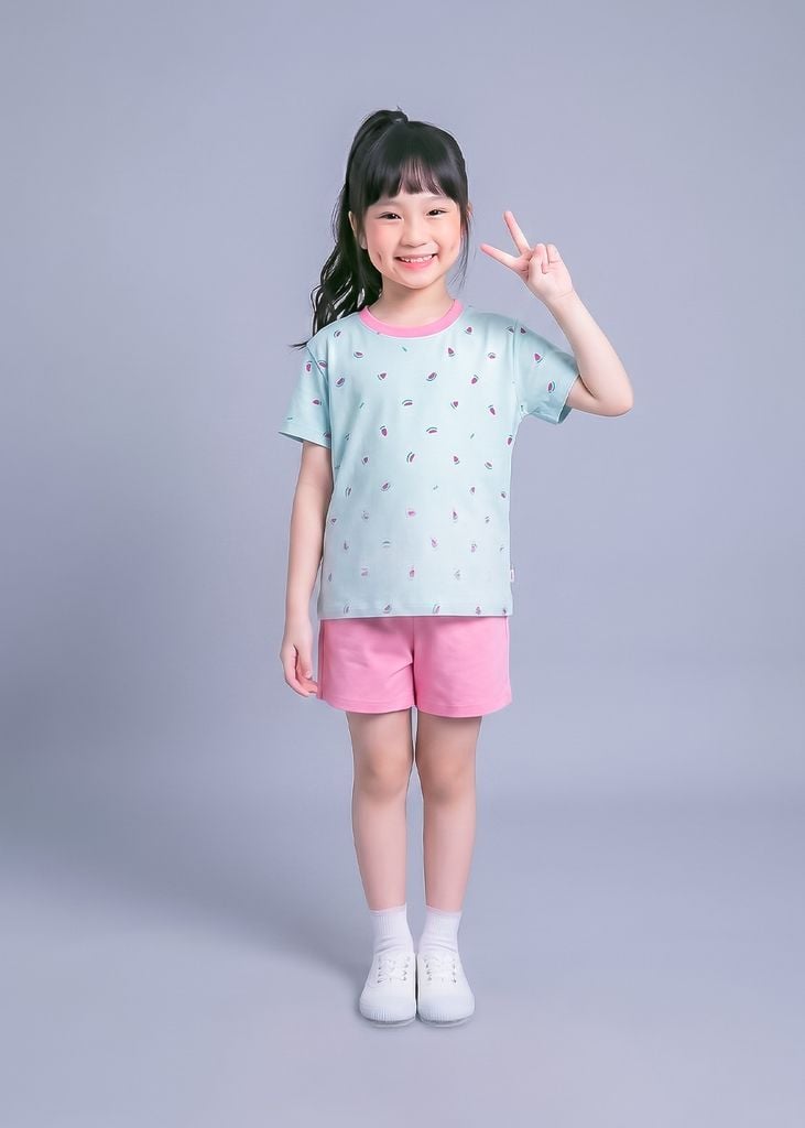 Bộ Thun Ngắn Tay Bé Gái Form Rộng Xanh Hoạ Tiết Dưa Hấu Phối Hồng