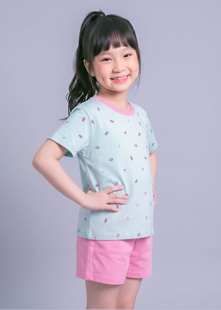 Bộ Thun Ngắn Tay Bé Gái Form Rộng Xanh Hoạ Tiết Dưa Hấu Phối Hồng
