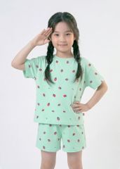 Bộ Thun Ngắn Tay Bé Gái Form Rộng Xanh Họa Tiết Strawberry