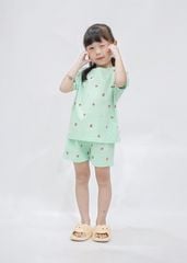Bộ Thun Ngắn Tay Bé Gái Form Rộng Xanh Họa Tiết Strawberry