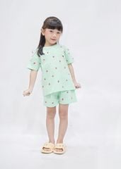 Bộ Thun Ngắn Tay Bé Gái Form Rộng Xanh Họa Tiết Strawberry