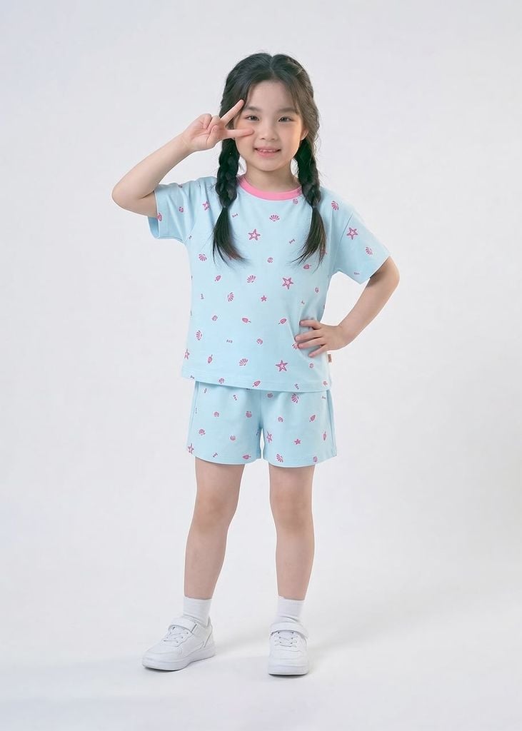 Bộ Thun Ngắn Tay Bé Gái Form Rộng Xanh Nhạt Hoạ Tiết Biển