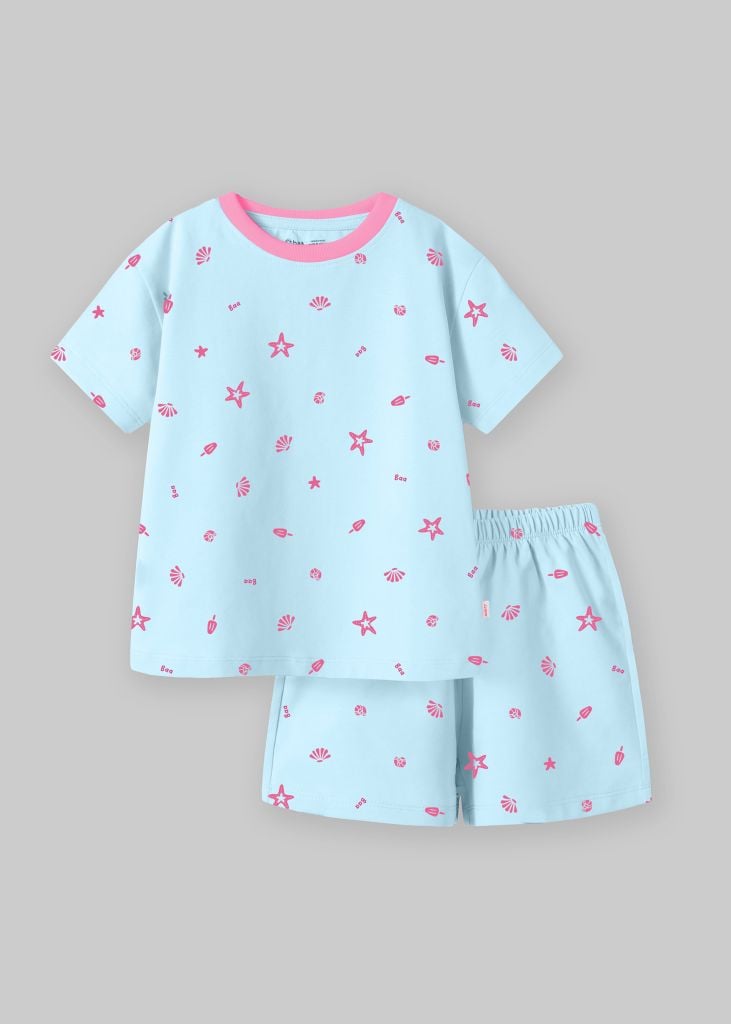 Bộ Thun Ngắn Tay Bé Gái Form Rộng Xanh Nhạt Hoạ Tiết Biển
