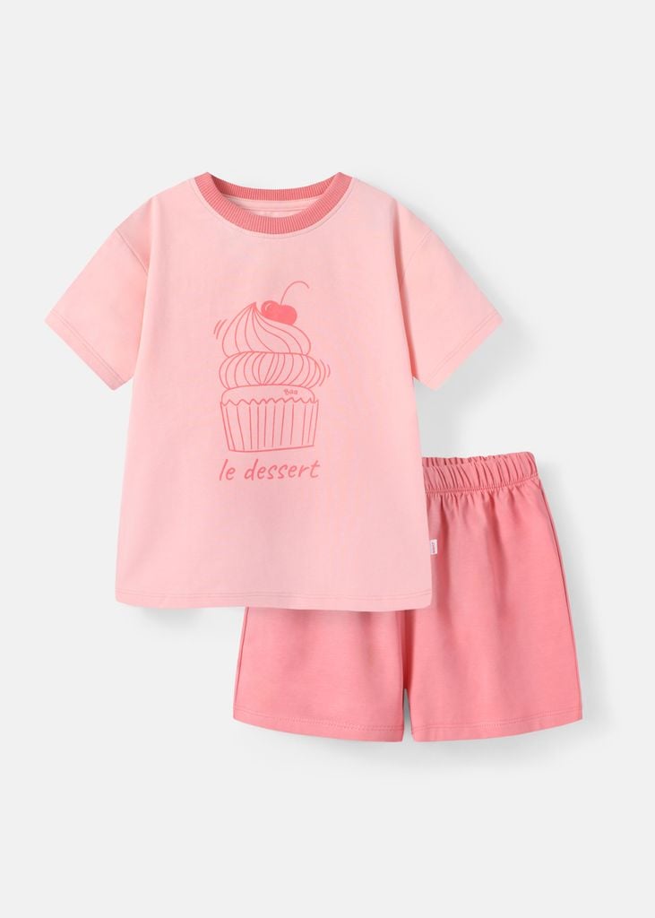 Bộ Thun Ngắn Tay Form Rộng Bé Gái Hồng Cam Cupcake Phối