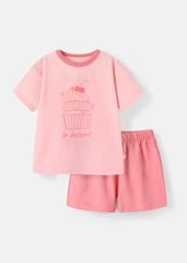 Bộ Thun Ngắn Tay Form Rộng Bé Gái Hồng Cam Cupcake Phối