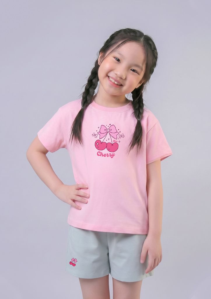 Bộ Thun Ngắn Tay Bé Gái Hồng Cherry Phối Xám