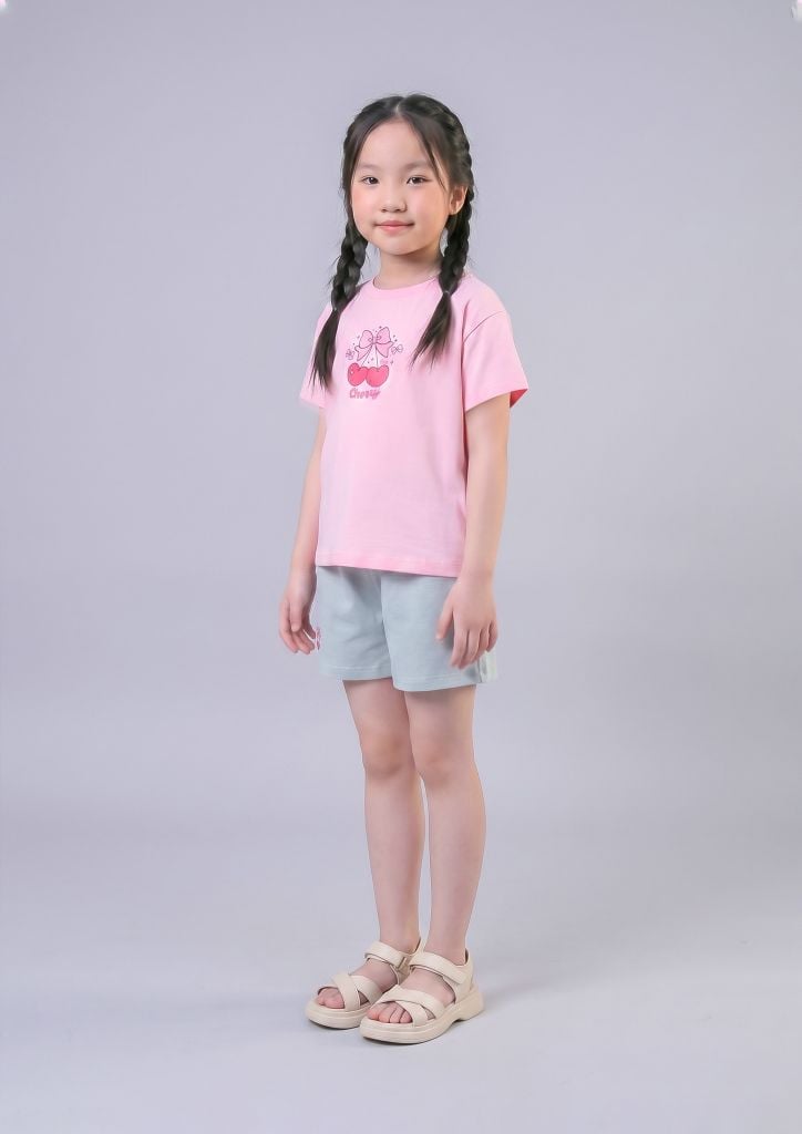 Bộ Thun Ngắn Tay Bé Gái Hồng Cherry Phối Xám