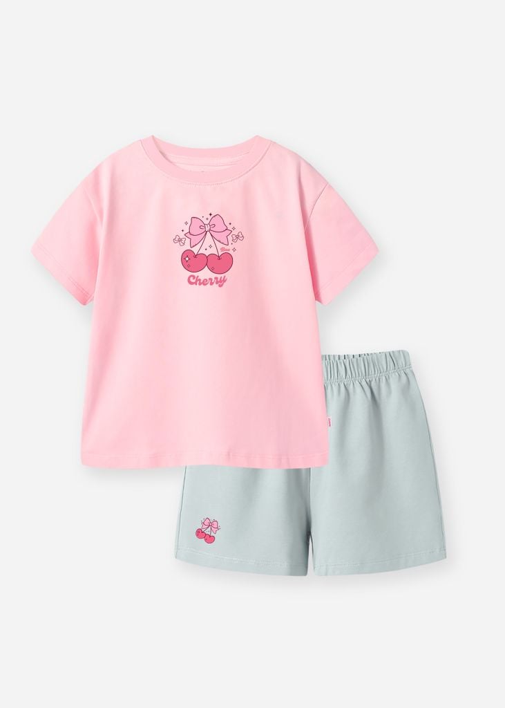 Bộ Thun Ngắn Tay Bé Gái Hồng Cherry Phối Xám