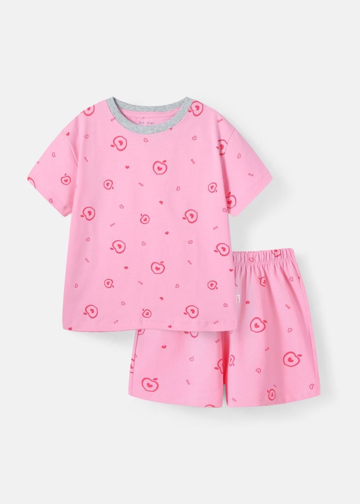 Bộ Thun Ngắn Tay Bé Gái Hồng Hoạ Tiết Summer Peach