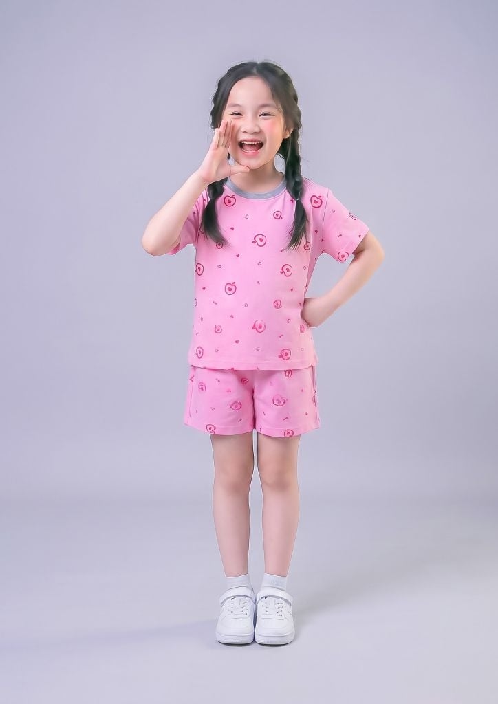 Bộ Thun Ngắn Tay Bé Gái Hồng Hoạ Tiết Summer Peach