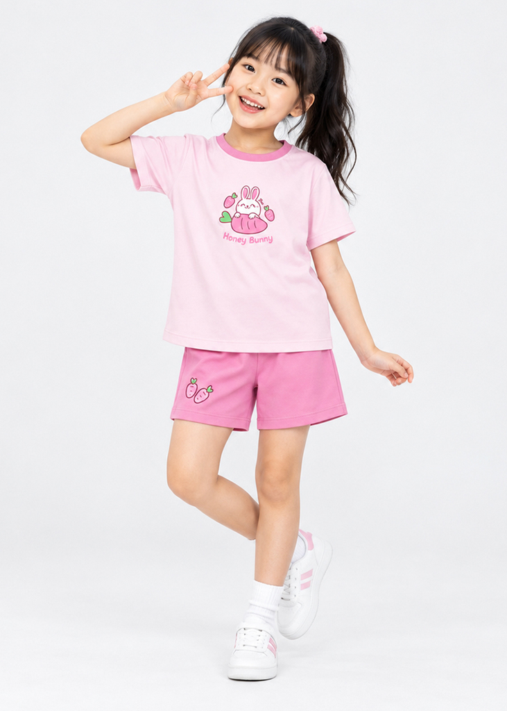 Bộ Thun Ngắn Tay Bé Gái Hồng Honney Bunny Phối