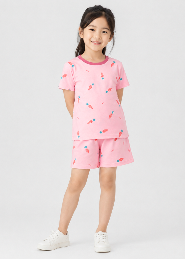 Bộ Thun Ngắn Tay Bé Gái Hồng Nhạt Hoạ Tiết Carrot