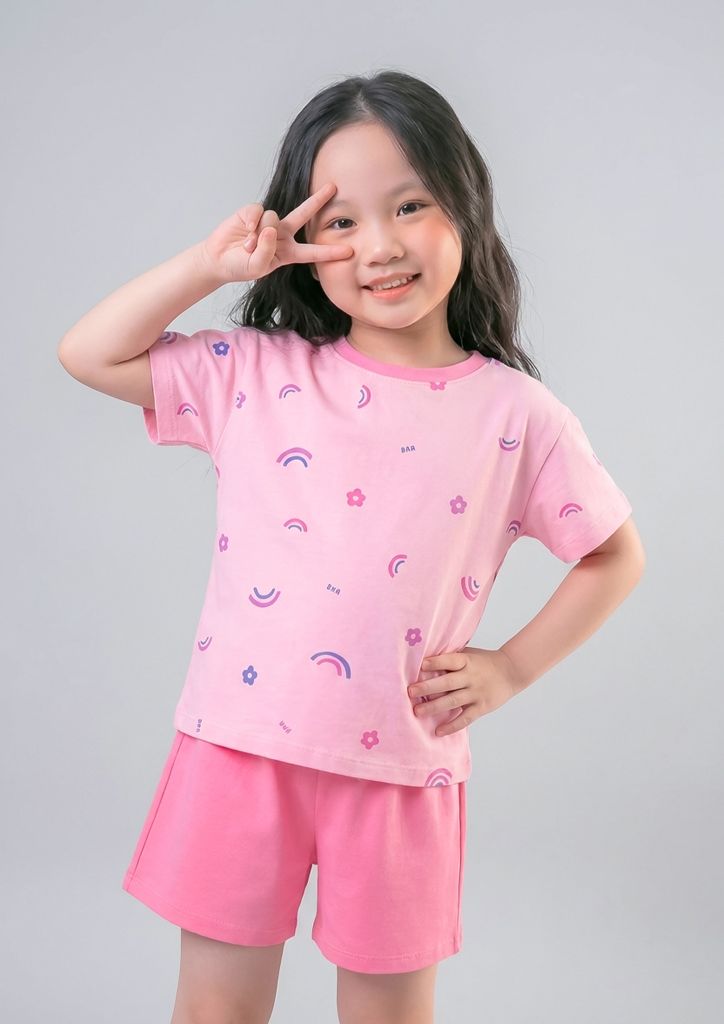 Bộ Thun Ngắn Tay Bé Gái Hồng Nhạt Hoạ Tiết Cầu Vồng Phối