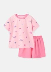 Bộ Thun Ngắn Tay Bé Gái Hồng Nhạt Hoạ Tiết Cầu Vồng Phối
