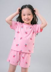 Bộ Thun Ngắn Tay Bé Gái Hồng Nhạt Hoạ Tiết Strawberry