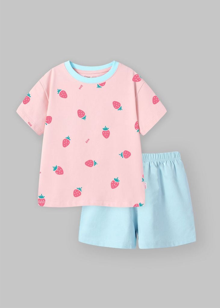 Bộ Thun Ngắn Tay Bé Gái Hồng Nhạt Hoạ Tiết Strawberry Phối Biển