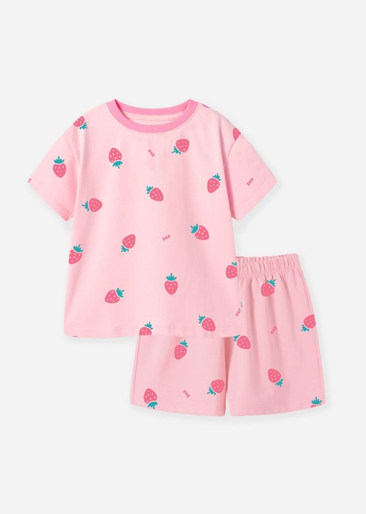 Bộ Thun Ngắn Tay Bé Gái Hồng Nhạt Hoạ Tiết Strawberry