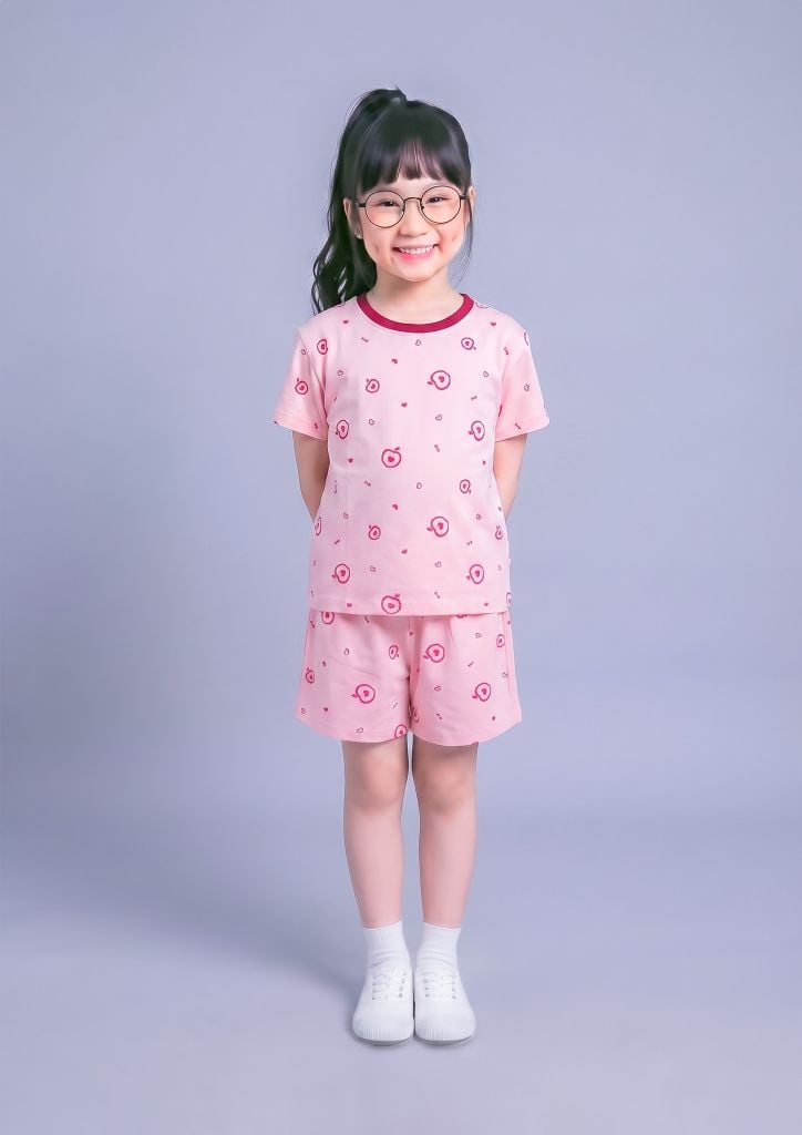 Bộ Thun Ngắn Tay Bé Gái Hồng Nhạt Hoạ Tiết Summer Peach