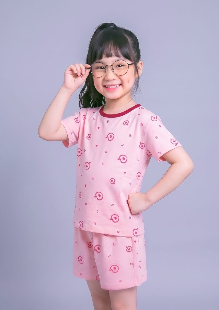 Bộ Thun Ngắn Tay Bé Gái Hồng Nhạt Hoạ Tiết Summer Peach
