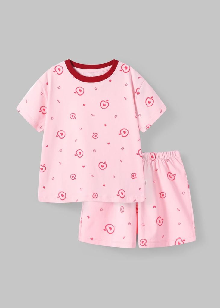 Bộ Thun Ngắn Tay Bé Gái Hồng Nhạt Hoạ Tiết Summer Peach