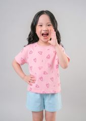 Bộ Thun Ngắn Tay Bé Gái Hồng Nhạt Hoạ Tiết Trái Tim Phối Biển