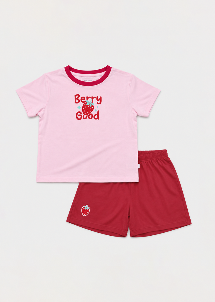 Bộ Thun Ngắn Tay Bé Gái Hồng Nhạt Strawberry Phối Đỏ