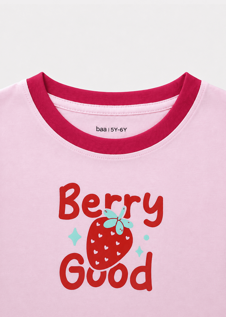 Bộ Thun Ngắn Tay Bé Gái Hồng Nhạt Strawberry Phối Đỏ