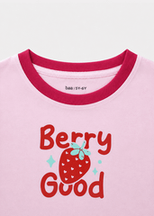 Bộ Thun Ngắn Tay Bé Gái Hồng Nhạt Strawberry Phối Đỏ