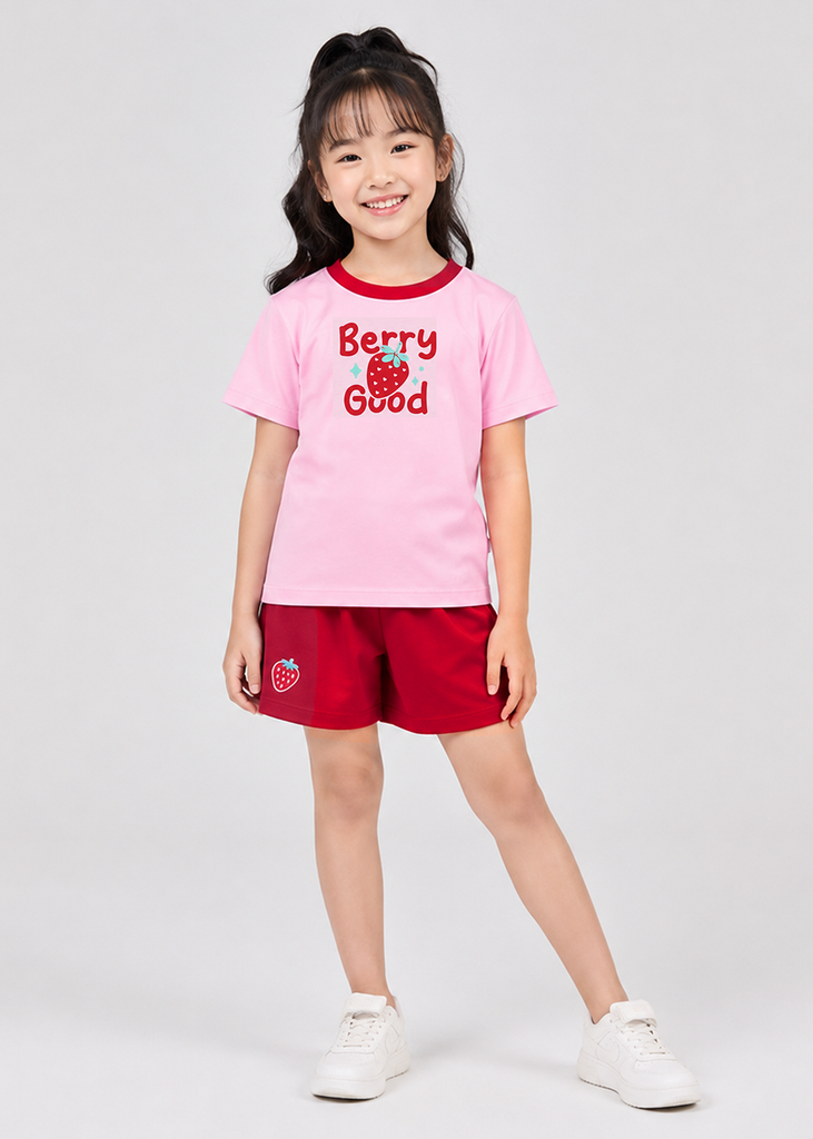 Bộ Thun Ngắn Tay Bé Gái Hồng Nhạt Strawberry Phối Đỏ