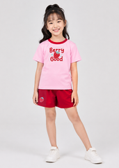 Bộ Thun Ngắn Tay Bé Gái Hồng Nhạt Strawberry Phối Đỏ