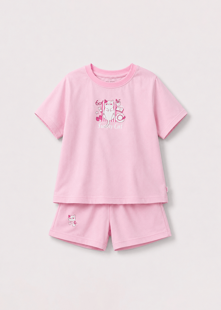 Bộ Thun Ngắn Tay Bé Gái Hồng Nhạt Sunny Cat 02