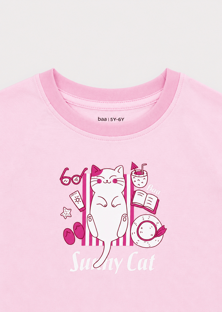 Bộ Thun Ngắn Tay Bé Gái Hồng Nhạt Sunny Cat 02