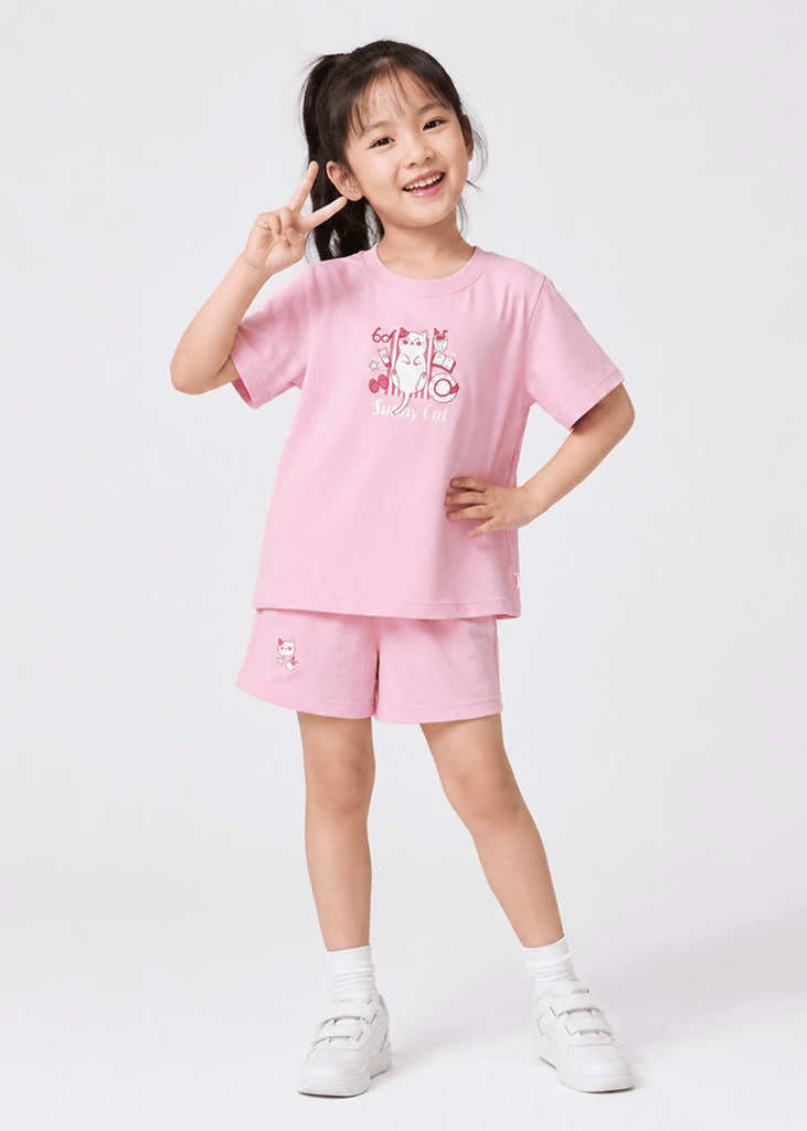 Bộ Thun Ngắn Tay Bé Gái Hồng Nhạt Sunny Cat 02