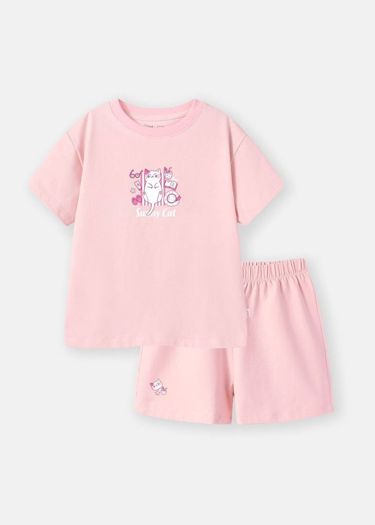 Bộ Thun Ngắn Tay Bé Gái Hồng Nhạt Sunny Cat