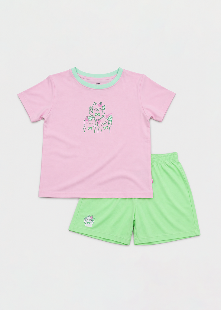 Bộ Thun Ngắn Tay Bé Gái Hồng Nhạt Sweet Cats Phối Xanh