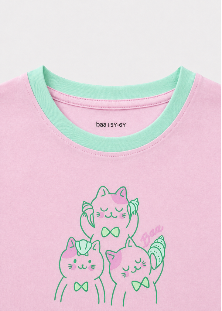 Bộ Thun Ngắn Tay Bé Gái Hồng Nhạt Sweet Cats Phối Xanh