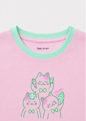 Bộ Thun Ngắn Tay Bé Gái Hồng Nhạt Sweet Cats Phối Xanh