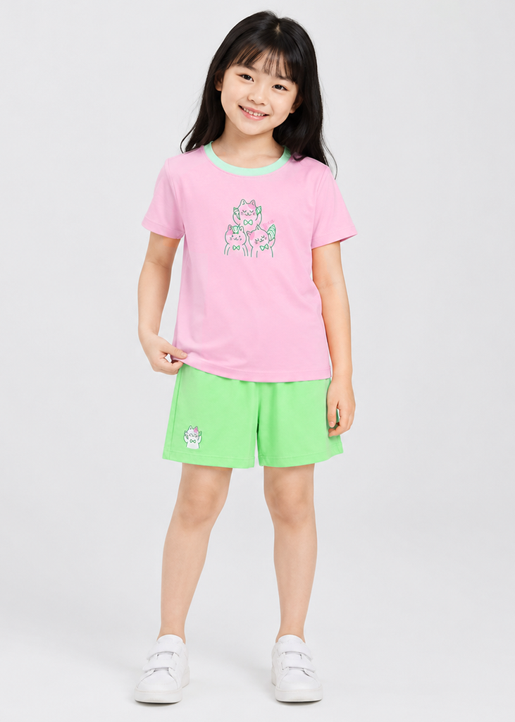 Bộ Thun Ngắn Tay Bé Gái Hồng Nhạt Sweet Cats Phối Xanh