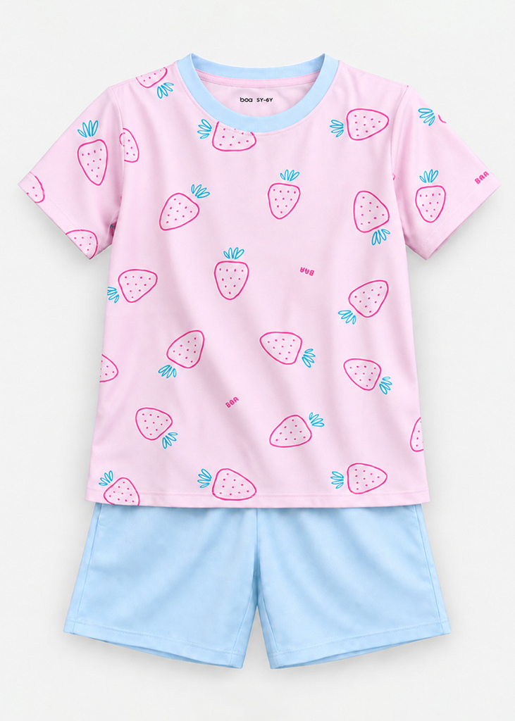 Bộ Thun Ngắn Tay Bé Gái Hồng Pastel Hoạ Tiết Strawberry Phối Xanh