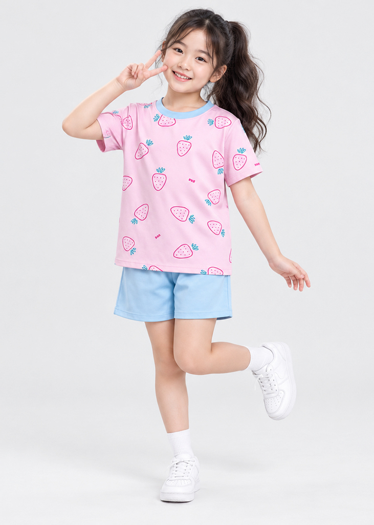 Bộ Thun Ngắn Tay Bé Gái Hồng Pastel Hoạ Tiết Strawberry Phối Xanh