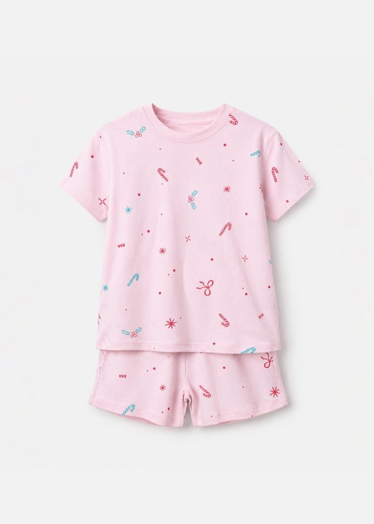 Bộ Thun Ngắn Tay Bé Gái Hồng Pastel Hoạ Tiết Sweet Sparkle