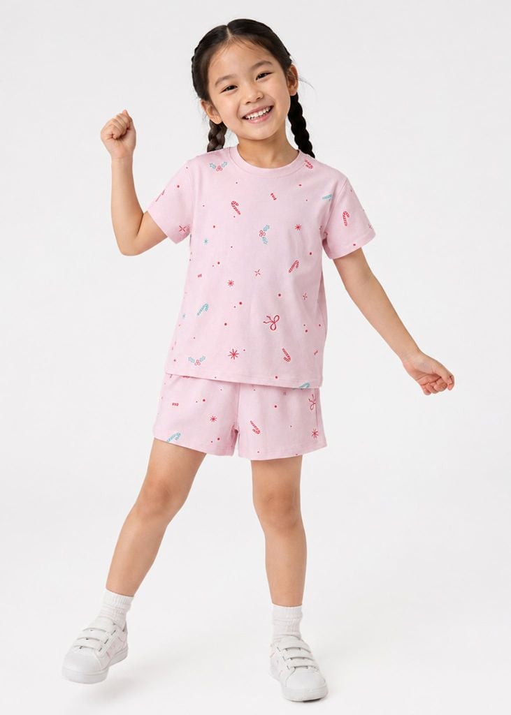 Bộ Thun Ngắn Tay Bé Gái Hồng Pastel Hoạ Tiết Sweet Sparkle
