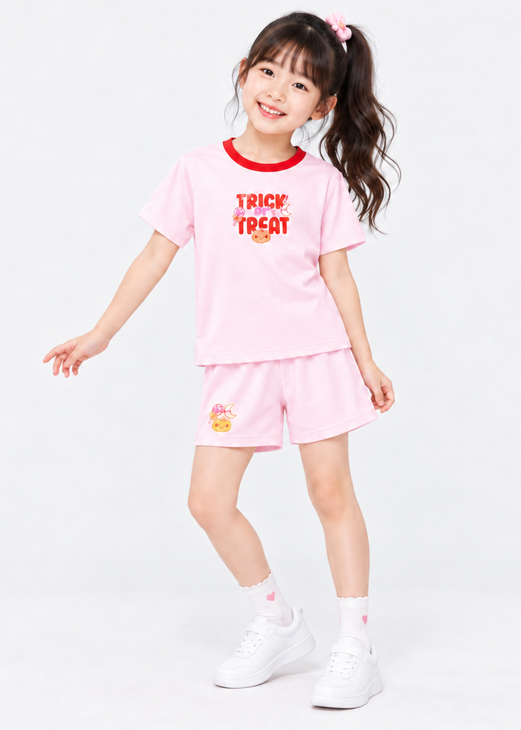 Bộ Thun Ngắn Tay Bé Gái Hồng Pastel Trick or Treat
